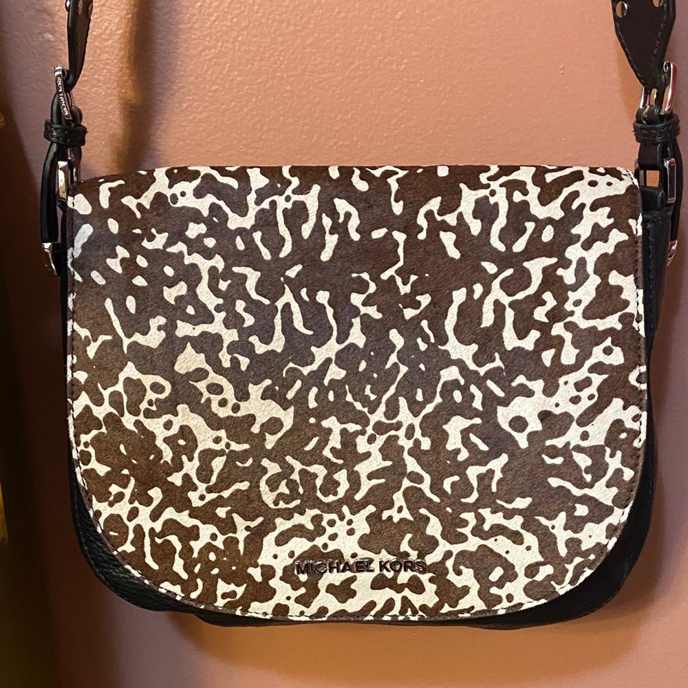 Michael Kors Hayes Large Messenger Black Leather Calf Hair Shoulder Bag